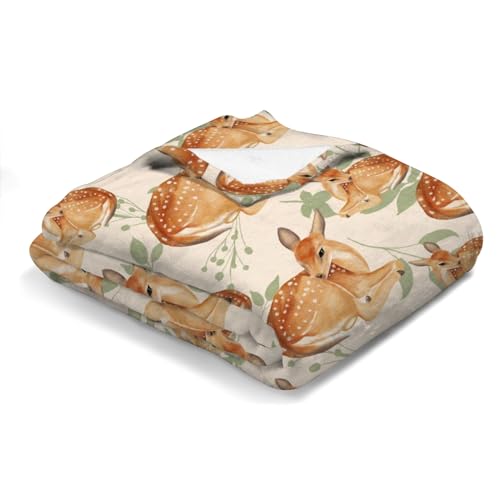 Image of Cute Deer Green Leaves Baby Blanket for Boys Girls Baby Animal Flannel Soft Swaddle Blanket Receiving Blankets for Newborn Nursery Toddler Bed Blanket Stroller Crib Daycare Playmat 50x60