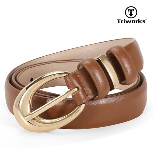 Image of TRIWORKS Women Leather Belt for Jeans Pants Fashion Ladies Skinny Faux Leather Dress belt with Gold Buckle