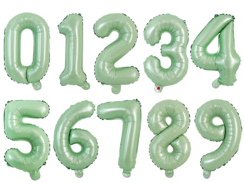 Image of TONIFUL Number Balloon 16 Inch 10Pcs Sage Green 0-9 Birthday Number Ballons | Small Custom Digital Mylar Foil Ballons for Birthday Engagement Graduation Anniversary Baby Shower Spring Party Decorations