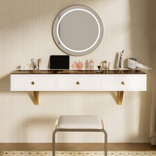 Image of JIVOIT Multi-Purpose Wall-Mounted Vanity Table, 47 inch Floating Shelf with Three Drawers, Electronic Equipment Holder, Mounted Desk, Floating Table for Bedroom, Bathroom, Hairdressers