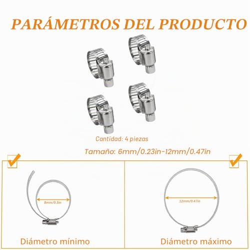 Miniatura 2 de 4 Pcs Abrazaderas De Manguera, Abrazaderas De Acero Inoxidable, Ajustable Clips, 6-12mm Abrazaderas De Ductos Para Fijacción Mangueras Tubería Agua Tubería