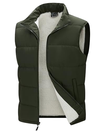 33,000ft Mens Puffer Vests Winter Fleece Lined Waistcoats Padded Outerwear Gilet Water Resistant Quilted Gilet Outdoor Work Vest Sleeveless Jacket with 5 Pockets Army Green XL