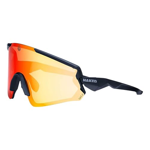NAKED Optics FALCON Sportbrille Herren, Fahrradbrille Damen, Sport Sonnenbrille mit UV Schutz, magnetisches Schweißband, wechselbare Gläser (Schwarz - Rotes Glas (polarisiert))