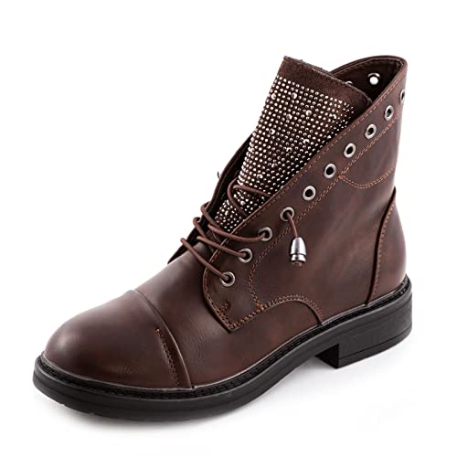 Toocool Bottines Biker Femme Détails Strass Bottes Motardes Simili-Cuir Lacets G621 [38, Marron]