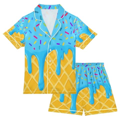 Satin Pajama Sets Short Sleeve Blue Ice Cream Drip Button Down Silky Nightwear 2 Piece PJS 5-14Y