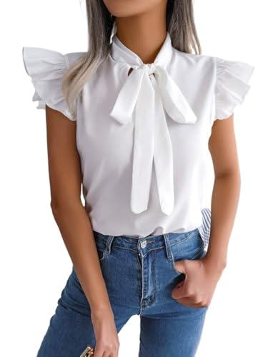 Spring Summer Elegant Refined And Ruffle Trim Tie Neck Blouse