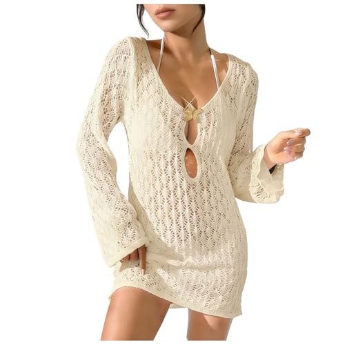 Badeanzug Damen Strandkleid Gehäkelt Langärmeliges Mesh Bikini Cover Up mit V Ausschnitt Cut Outs Elegante der den optisch streckt eine sanfte, feminine Silhouette erzeugt für Strand Pool (a- Khaki, S)