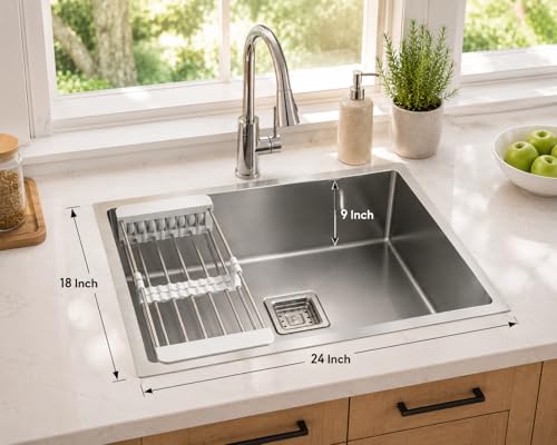 Image of Handmade Stainless Steel Kitchen Sink 24x18 Inch | Deep Single Bowl with Fruit Drain Basket | With SS Waste Coupling & PVC Pipe | Premium Heavy Gauge Sink