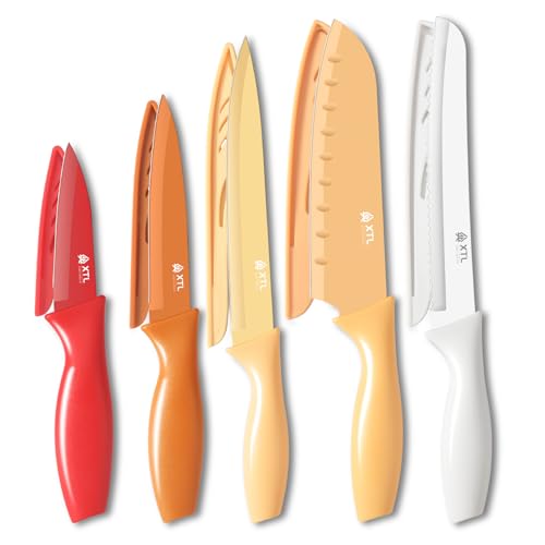 XTL 5-Piece Kitchen Knife Set with Matched Blade Guards, Stainless Steel Knife Set With Nonstick Ceramic Coating, Dishwasher Safe, Rustproof, 5 Knife Set for Kitchen Cooking, Cutting & Chopping