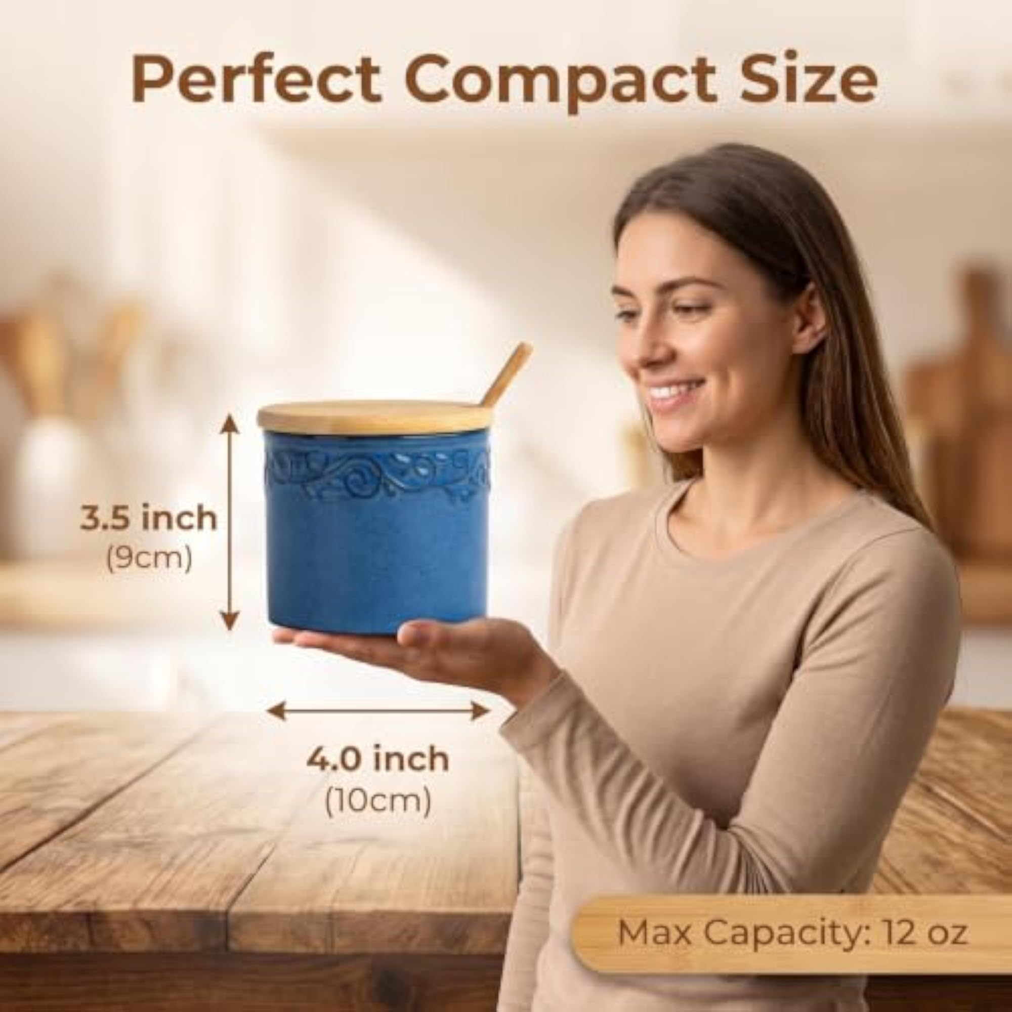 Blue Ceramic Salt Cellar Sugar Bowl Jar with Bamboo Lid