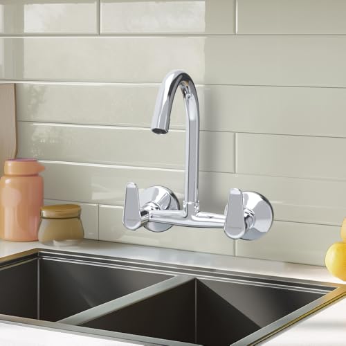 Image of Johnson Sega Brass Wall Mounted Kitchen Sink Mixer Tap with 360 Swivel Spout | Hot & Cold Water Faucet | Chrome Finish | 2 Flanges Included | 10 Years Warranty