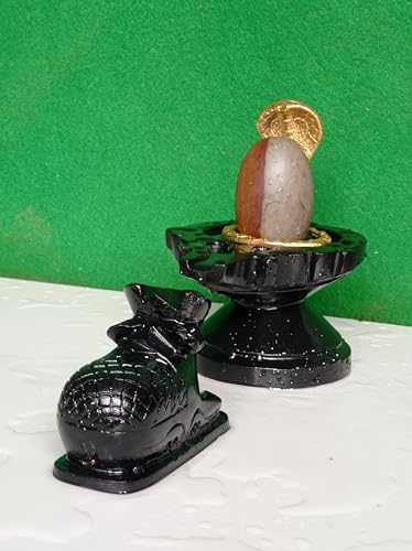 Image of Antique Narmadeshwar Narmada Stone Bana Lingam. 3inch Aardhanareshwar Shivling & 6inch Damru Jaladhari with Naag(Snack), Nandhi. [Size: 3 x 6]