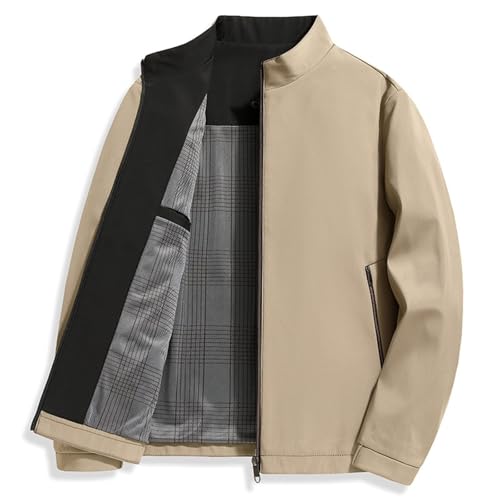 Chaqueta casual para hombre, con cuello de pie y cremallera, ligera, informal, primavera y otoño, con múltiples bolsillos, Caqui., XXL