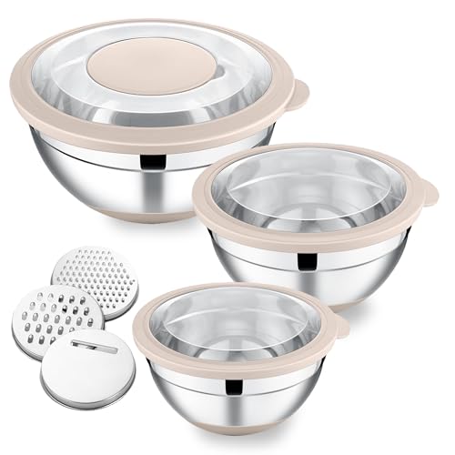 Herogo Rührschüssel 3er Set, Edelstahl Schüssel mit Transparenter Luftdichtem Deckel & 3 Reibeaufsätzen, Metall Salatschüssel für Küche Mischen Backen, 4,5L/3L/1,2L, Spülmaschinenfest, Khaki