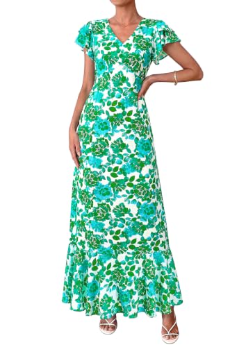 Image of PRETTYGARDEN Womens Summer Boho Floral Maxi Dress | V Neck Ruffle Sleeve Tiered A-Line Sundress, Lightweight Flowy Long Dresses for Spring Wedding Guest, Cocktail Party, Cruise