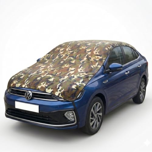 Image of Pivalo Half Car Body Cover for Sedan Cars (All Models & Years) | 100% Waterproof Outdoor UV & Heat All Weather Protection | Triple Stitched 3 Layer with Adjustable Straps Cover (Military /Army)