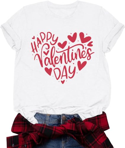 Image of Aluvee Womens Valentines Day Shirt Happy Valentine Love Heart Print Tee Cute Girls Valentines Gift Top White B, X-Large