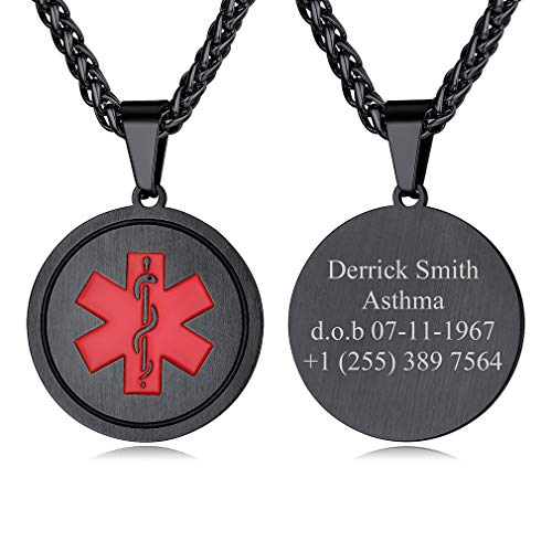 Custom4U Medical Alert Necklace for Women Men Personalized Stainless steel Medical ID Tag Tag with Name Engraved 3.1 Black