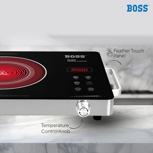 Image of BOSS Flex Infrared Cooktop 2200W | 3 Preset Menus | Grill Stand to BBQ & Roast | Glass & Digital LED Display with Functions | Adjustable Temperature Knob | SS Handle | Auto Cut-Off