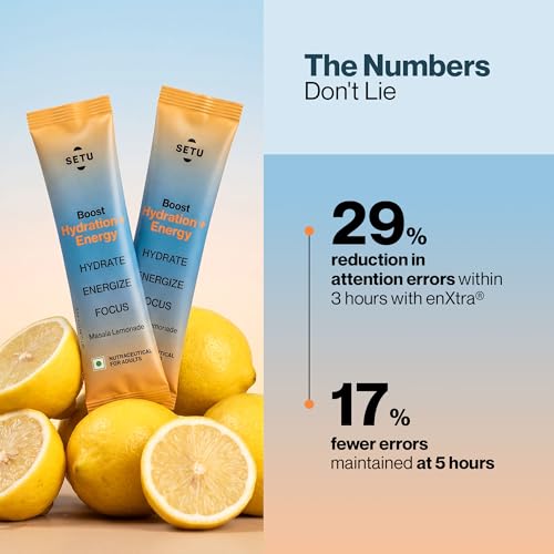 Image of Setu Boost Hydration + Energy Electrolyte Powder Sachets with No Caffeine | Enriched with enXtra | Masala Lemonade Flavor | Pack of 4 | 60 Sachets