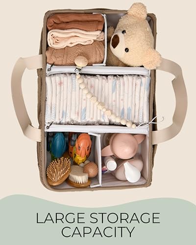 Toodly Baby Diaper Caddy Organizer with Portable Changing Mat - Teddy Fleece Diaper Organizer for Changing Table - Basket for Changing Essentials - Baby Essentials Organizer with Removable Dividers