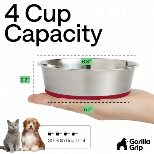 Image of GORILLA GRIP Dog Bowls, Food Grade 304 Stainless Steel, Holds 4 Cups Each (32 fl oz) Food and Water Bowl for Feeding Dogs and Cats, Dishwasher Safe, Rust Resistant, BPA Free Rubber Base Set of 2 Red