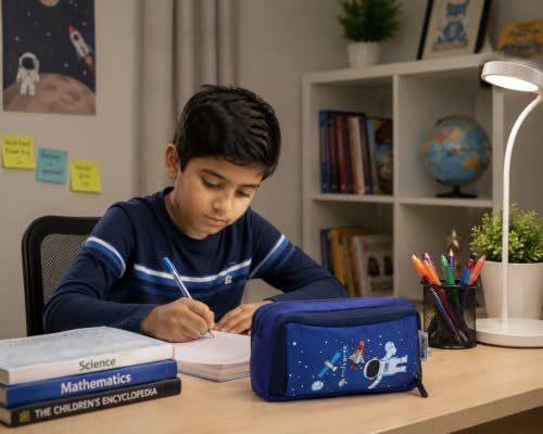 Image of Wooum Large Pencil Case with 3 Compartments, Big Capacity Pencil Pouch for School Boys Girls College Students & Teachers Aesthetic Practical Stationery Pouch for Pens Pencils (Jet Blue (Universe))