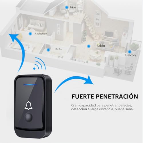 Miniatura 4 de Kewuzy Timbre Inalámbrico Exterior Impermeable, Timbre Inalámbrico Para Puerta, Exterior Ip44 Impermeable, Doorbell Indicador Led, 52 Melodías, 4 Volumen, Alcance A 400m Negro2 1