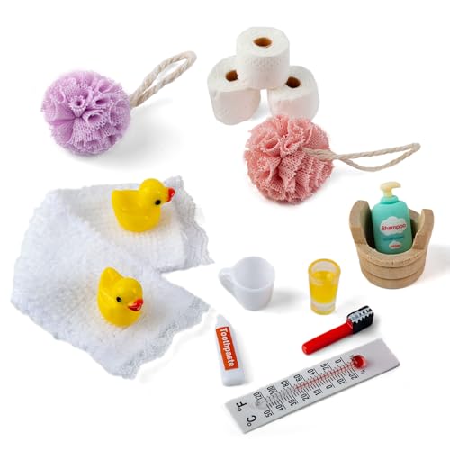 GWAWG Juego de 15 accesorios para casa de muñecas en miniatura, juego de baño de gnomo para casas de muñecas, accesorios creativos para niños, niños y niñas a partir de 3 años, ideal para decoraciones