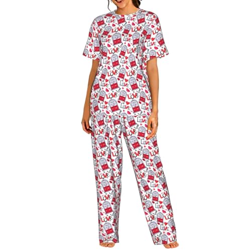 Pyjama court femme imprimé cœur rouge ensemble de nuit léger avec short manches courtes