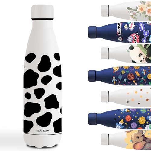 Botella Agua Acero Inoxidable 500ml, Cantimplora Acero Inoxidable, Botella Agua Personalizada con Vaca, Mantiene 24H Frio/12H Calor, Cantimplora para la Escuela, Oficina, Viajar, Café, Yoga, Blanco
