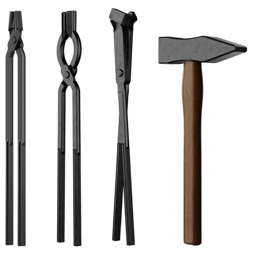 Image of 4PCS Blacksmith Tongs & Hammer Set for Knife Making, 3 /8 inch V-Bit Bolt, V-Bit Blade, Flat Tongs and Forging Hammer, High Carbon Steel Tools for Bladesmithing