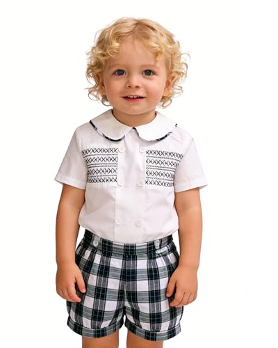 Image of Twoflower Smocked toddler boy outfits Summer Cotton Short Sleeve boys' button-down shirts Casual 2 piece Clothing Set