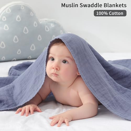 Image of POMISO Muslin Swaddle Blankets for Boys & Girls, Newborn Receiving Blankets, 4 Pack Soft Breathable Baby Swaddles, Large 47x47 Inches, Grey Blue White Green