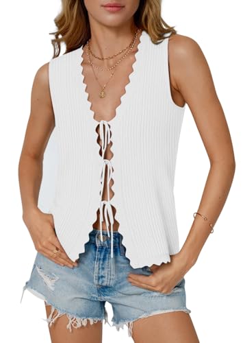 Image of COCCKO Womens Summer Tops Vacation Beach Outfits Cute Tie Front Crochet Vest Knit Sleeveless Sweaters