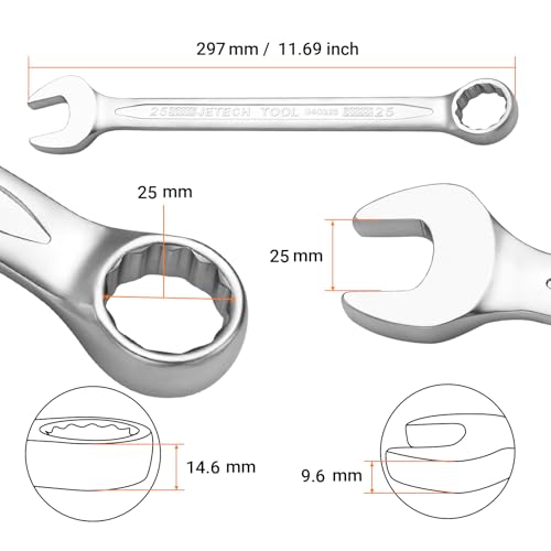 Image of Jetech 25mm Combination Wrench, Metric 12-Point Chrome Vanadium Steel Spanner, Industrial Grade with 15-Degree Offset, Sand Blasted Finish, Heat-Treated Forged Tool