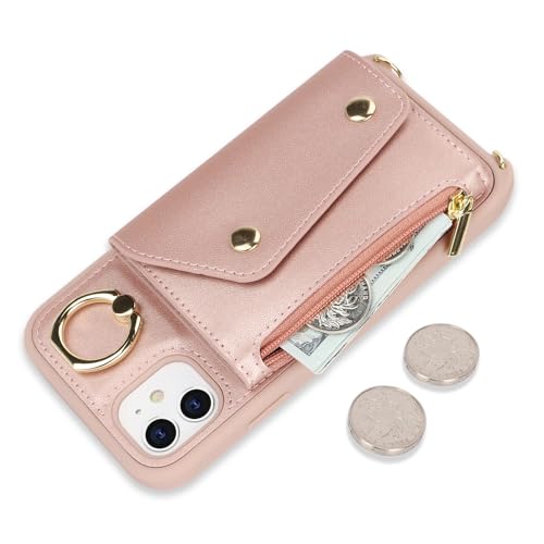 Lipvina for iPhone 11 Case with Card Holder and Strap - Zipper Pocket,Crossbody Lanyard Strap,Credit Card Holder,Stand Ring,Cute Phone Wallet Case for Women(Rose Gold,6.1 Inch) by Lipvina - Image 3