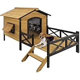 Wooden Large Dog House 43.3' L x 69.9' W x 32.7' H Extreme Outback Log Cabin Weatherproof Outdoor Pet Kennel, Cabin Style Elevated Pet Shelter w/Porch Deck