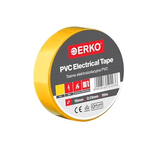 ERKO Cinta aislante Amarillo PVC 15mm x 10m Reparación de conductos eléctricos, Alta flexibilidad con fuerte adhesión, Resistente a productos químicos, Cloruro de Polivinilo