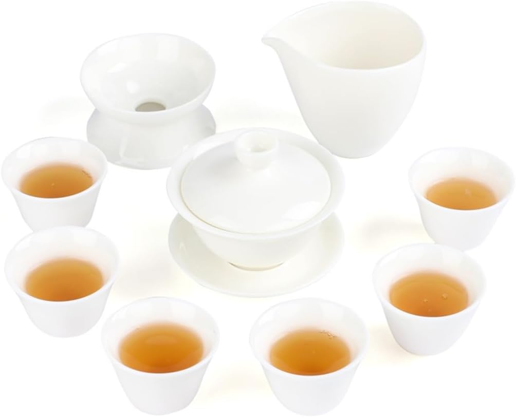White Porcelain Kung Fu Tea Set Mutton-fat Jade Porcelain Cover Bowl Tea Set for Home and Office