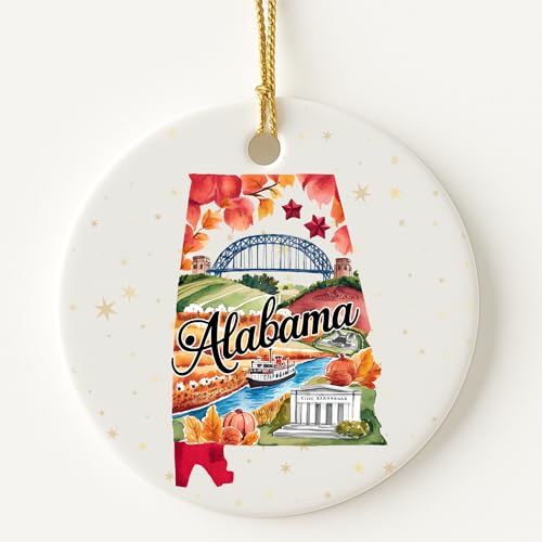 Alabama State Landmark Ceramic Ornament Round Glossy Christmas Decoration Featuring U.S. State Art Landmarks & Holiday Scenery Collectible Travel Souvenir Ornament Series