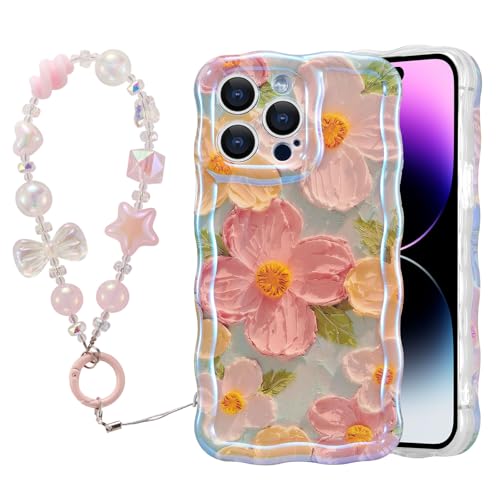 Coque iPhone 16 Pro Max motif fleur avec bracelet chaîne en TPU ondulé élégant