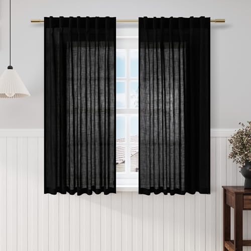 Image of Nanspring Black Linen Sheer Curtains 54 Inch Length 2 Panel Set Back Tab Pocket Semi Sheer Light Filtering Short Curtain Soft Elegant Aesthetic Small Window Drapes for Bathroom 52x54 inches Long