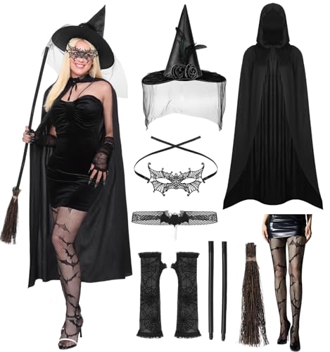 Moerstar Vestito da Strega Donna, Costume Strega Halloween Set con Mantello Cappello Guanti Scope Calzini Adesivi Costume Cosplay Donna per Halloween Carnevale (Nero)