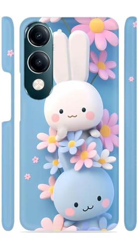 Image of White n Blue Bunny Flowers Designer Printed Hard Back Cover for Vivo Y19 5G Attractive and Uniquely Crafted Smartphone Case