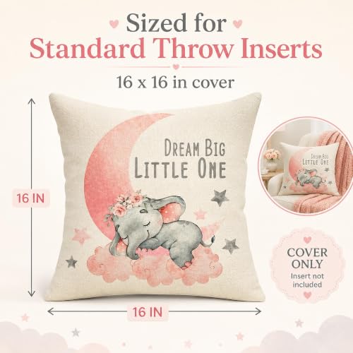 Image of Dream Big Little One Pillow Cover 16x16in Baby Elephant Nursery Decor