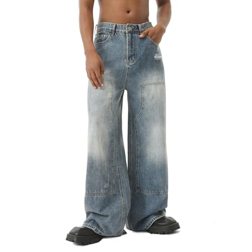 Baggy Streetwear Jeans Men Teen Boys Mid Rise Y2k Hip Hop Skater Jeans Vintage Loose Fit Ripped Trendy Denim Pants