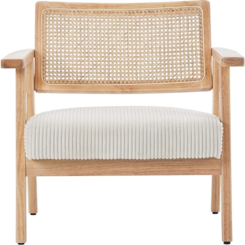 HOMIFAB Fauteuil en Velours côtelé Beige et cannage Naturel - Tim