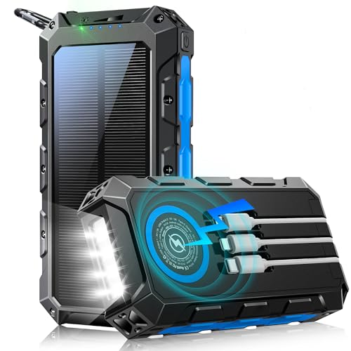 Batterie Externe 46800mAh, 7 Sorties/2 Entrées Power Bank avec Cable intégré, sans Fil Charge Rapide, Chargeur Solaire Externe de Grande Capacité, Indicateur LED, Lampe de Poche Baterie Externe-Bleu