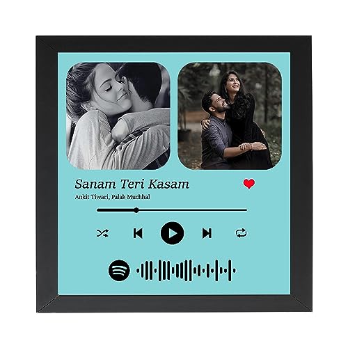 Image of Personalized Wood Musical Scanable Spotify Frame with Two Image Upload - Gifts for Mother's Day Customized Photo Frame (8x8) Inch - Pack of 1, Turquoise